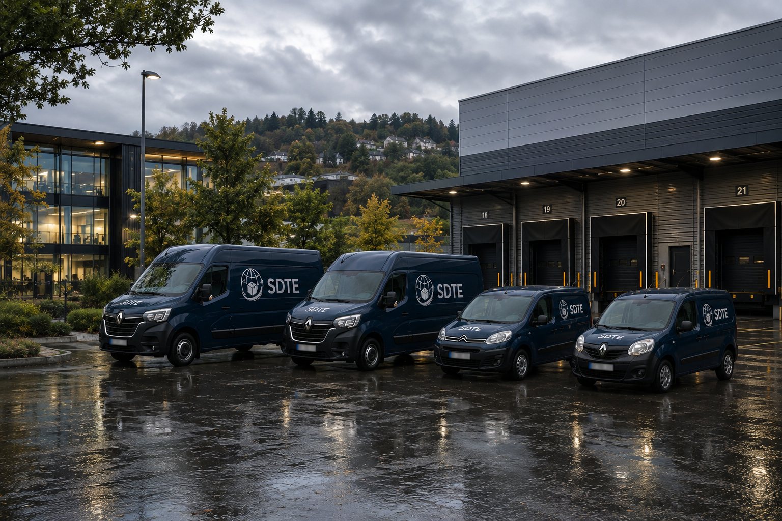 Fourgons SDTE garés devant les quais de chargement de l'entrepôt